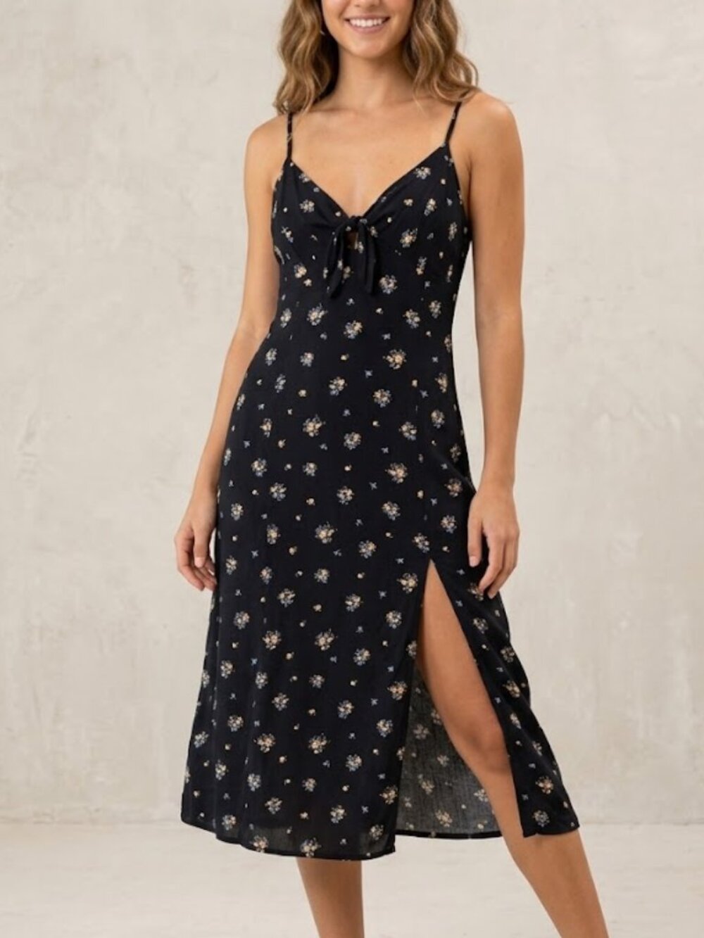 Forever 21 Black Ditsy Floral Tie-Front Midi Slip Dress with Spaghetti Straps